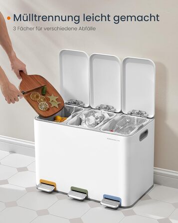 Сортувальний смітник для кухні SONGMICS HOME, 3×15 л, сталевий, з кришками, внутрішніми відрами та педалями, для роздільного збору сміття, білий