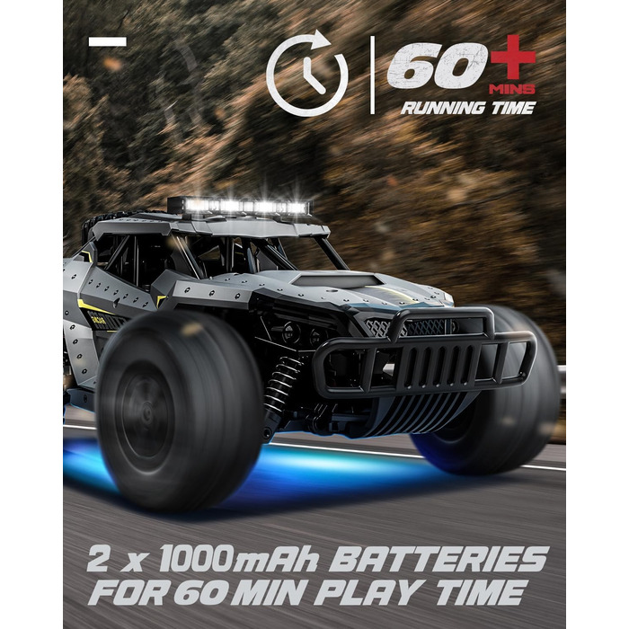 Радіокерований позашляховик Tecnock 1:16 з підсвічуванням, 2.4GHz RC Monstertruck, 2 акумулятори (60 хв роботи) - іграшка для дітей та дорослих, сірий