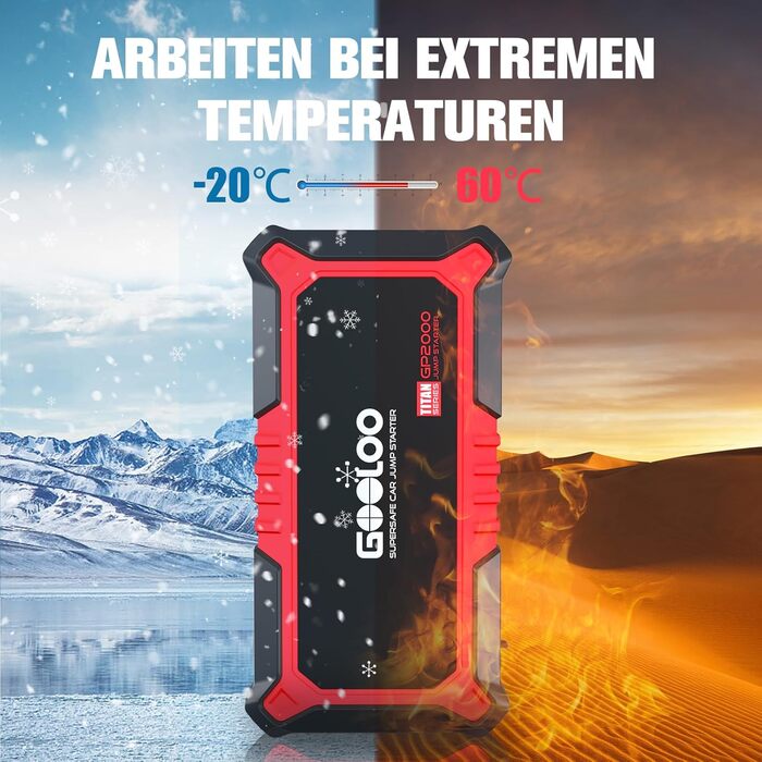 Powerbank Starthilfe GOOLOO GP2000 для автомобіля: 2000A, 12V, до 8.0L бензин/6.0L дизель, USB-швидка зарядка, LED, стартові кабелі