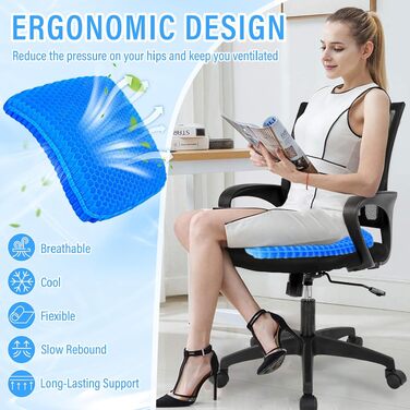 Гелеве сидіння для офісного крісла та автомобіля з антипролежневим ефектом, велике, з антиковзким чохлом, дихаюче, з підтримкою куприка