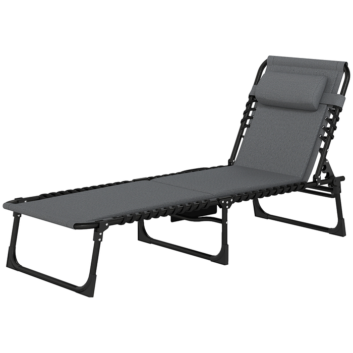 Складний садовий шезлонг Outsunny Sun Lounger з бічною сумкою-подушкою, м'який шезлонг з регульованою спинкою в 5 напрямках, стійкий до погодних умов шезлонг з навантаженням до 120 кг, для садового пляжу темно-сірий