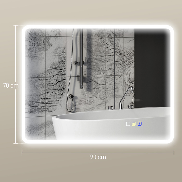 Дзеркало для ванної кімнати LED Bluetooth 70 x 90 см Сенсорне керування Регульоване освітлення 3 кольори Антивсмогування Пам'ять Срібляний
