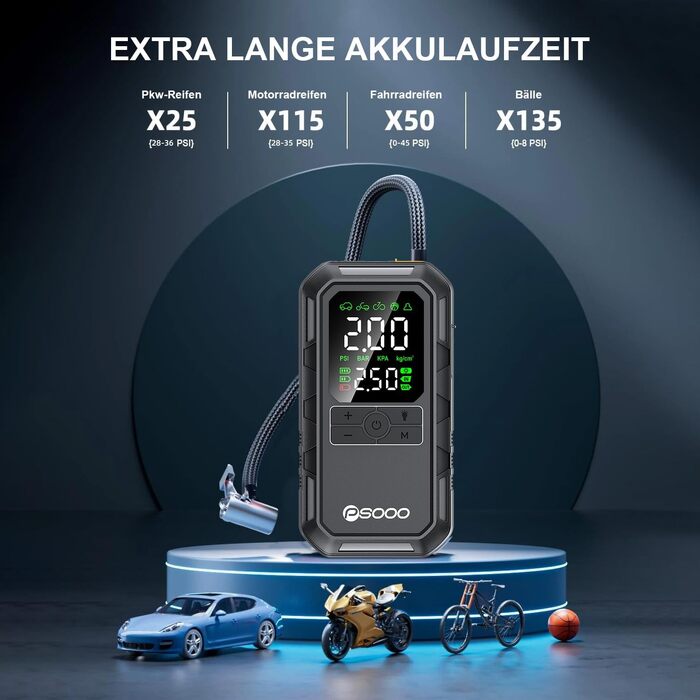 Пусковий пристрій PSOOO 8000A з компресором 160 PSI, портативний бустер для автомобілів (бензин/дизель 12L), павербанк з LED-ліхтарем, чорний