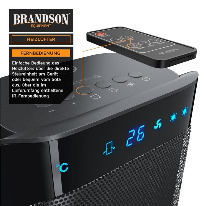 Керамічний обігрівач Brandson 2000W з дистанційним керуванням, тихий, енергозберігаючий, з холодним режимом, двома рівнями потужності та осциляцією, для офісу, вітальні, спальні, чорний
