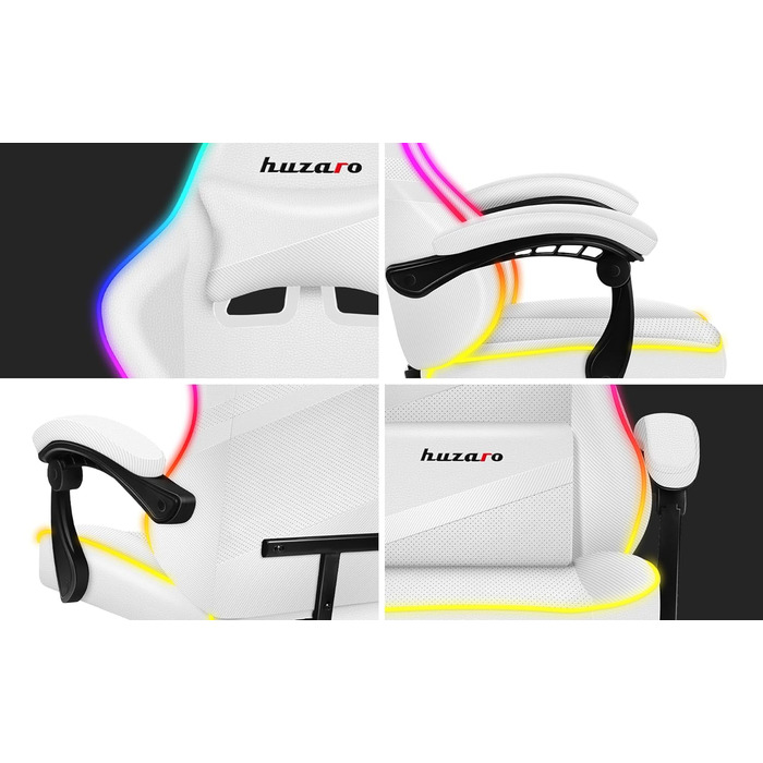 Ігрове крісло Huzaro Force 4.4 RGB біле, ергономічне, LED-підсвітка, екошкіра, регульована висота, підголівник, підтримка до 130 кг