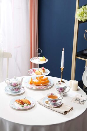 Чашка та блюдце з порцеляни Shabby Chic 19,1 см, десертна тарілка, синя, з пташкою, метеликом і квітами у подарунковій коробці, вінтажний стиль
