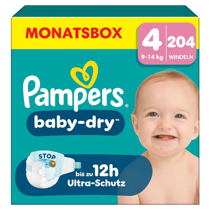 Підгузки Pampers Baby-Dry розмір 4 (9-14 кг), на липучках, 204 шт, велика упаковка