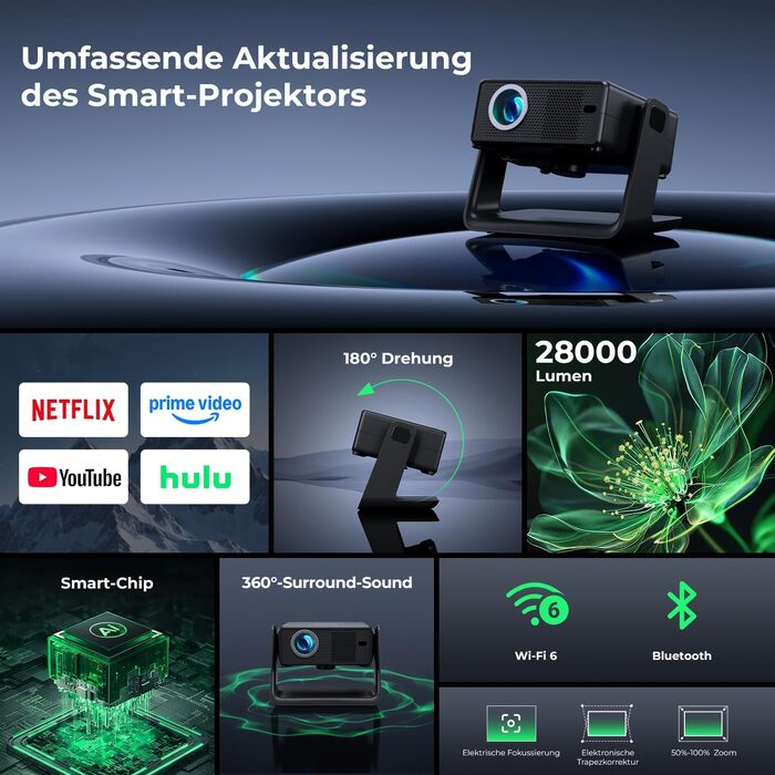 Проектор Beamer 4K 1080P, 28000 Люмен, Wi-Fi 6, Bluetooth, Автофокус, 4D Keystone, Netflix, для Дому/На Відкритому Повітрі, Чорний