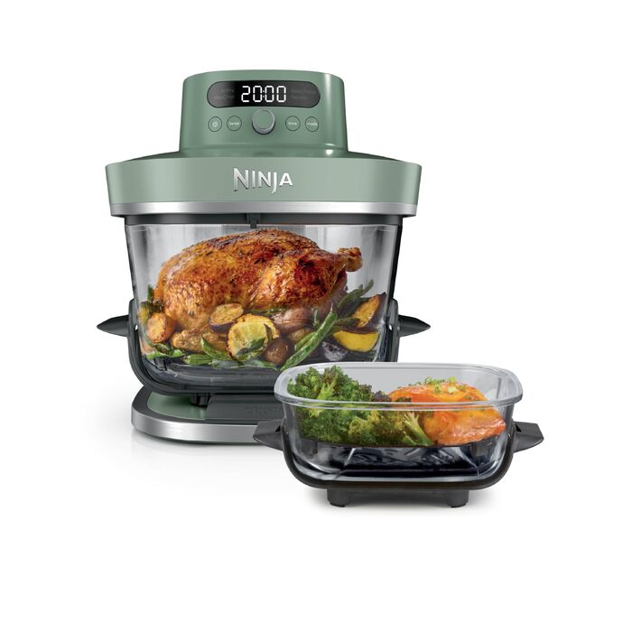 Скляна аерофритюрниця Ninja CRISPi PRO XL Air Fryer з 5 функціями, контейнерами CleanCrisp (5,7 л та 2,3 л) та кришкою для зберігання, колір моховий зелений, AS090EUGN