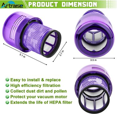 Комплект фільтрів Artraise для пилососів Dyson V11 V15, 3 шт, багаторазові, змінні HEPA-фільтри для Dyson V11 V15 SV14 SV22 Absolute Animal Detect Cyclone Extra Pro Torque Drive, сумісні з DY-970013-02 & 97001302