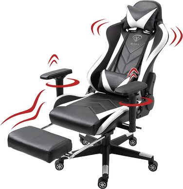 Ігрове крісло TRISENS з підніжкою та ергономічними 4D-підлокітниками, спортивний дизайн, регульована спинка, офісне крісло для геймерів, чорне/біле