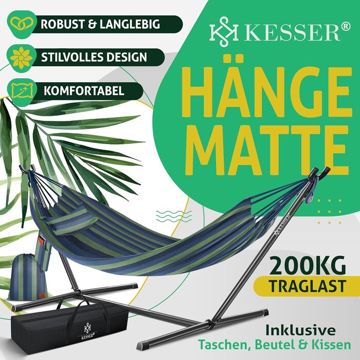 Гамак KESSER® Lake з каркасом для 2 осіб, 200 кг, для дому та саду, XXL гамак-крісло, балкон, тераса, з подушкою, блакитний