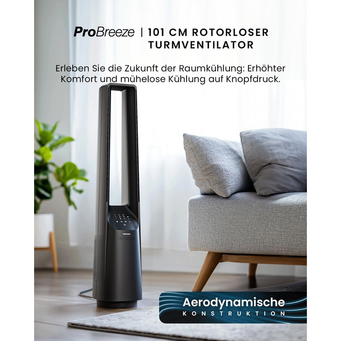 Pro Breeze Вентилятор без лопатей 101 см з LED дисплеєм та пультом - вежа, 6 швидкостей, 5 режимів, автоколивання 60°, таймер 7 годин, Smart App, чорний