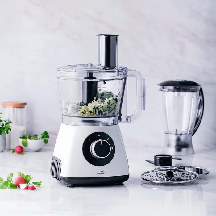 Кухонна машина Lacor MultiGenius 100% BPA-free, багатофункціональна, змінна швидкість, 8 насадок, захист, для посудомийки, біла