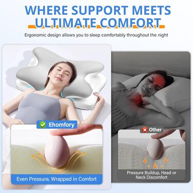 Подушка для шиї Ehomfory з Memory Foam, ергономічна для сну на боці, спині та животі, 67x37x9/12 см, срібляста