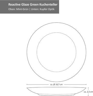 MamboCat Кавовий сервіс 18 предметів Green Reactive Glaze для 6 осіб. Керамічний набір ручної роботи з ефектом м'ятиного кольору та мідною окантовкою (6 чашок, 6 тарілок, 6 десертних тарілок).