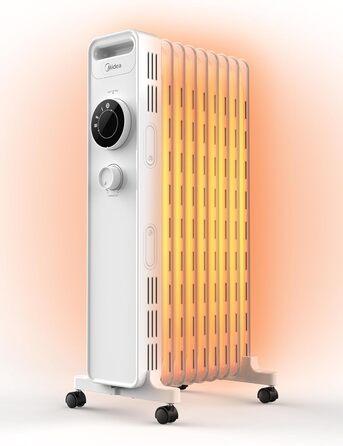 Масляний радіатор Midea NY2009-22M 2000Вт, 9 секцій, енергозберігаючий, безшумний, з термостатом, 3 режими нагріву, захист від перегріву і перекидання, ECO-режим, швидкий обігрів, портативний, білий, риб'ячий хребет