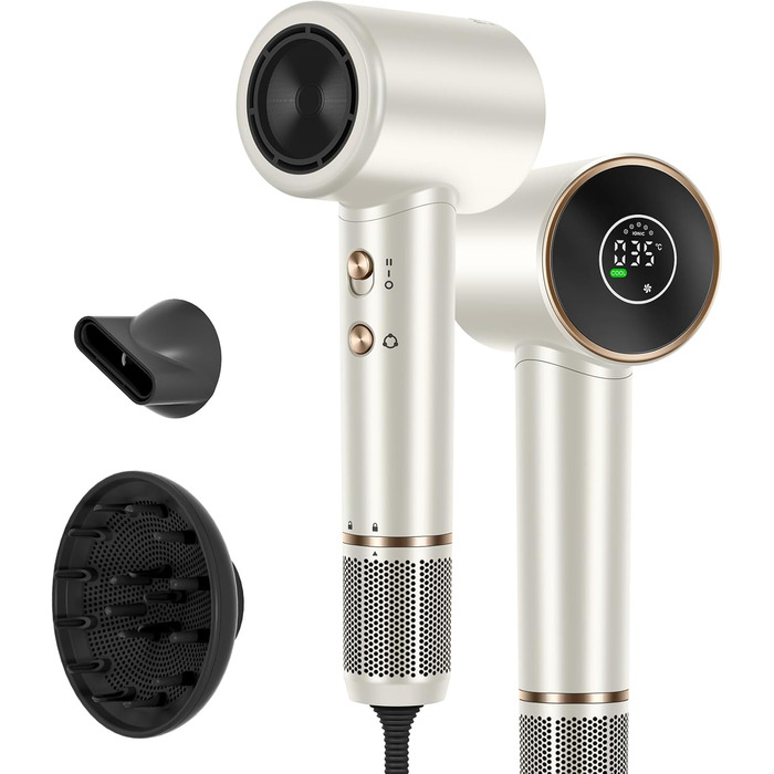 Фен Air-Sonic PARWIN PRO BEAUTY з HD-LED дисплеєм, безщітковий мотор 110 000 об/хв, 200 млн негативних іонів, потужний повітряний потік 25 м/с, швидке сушіння, тихий, шампань-сріблястий