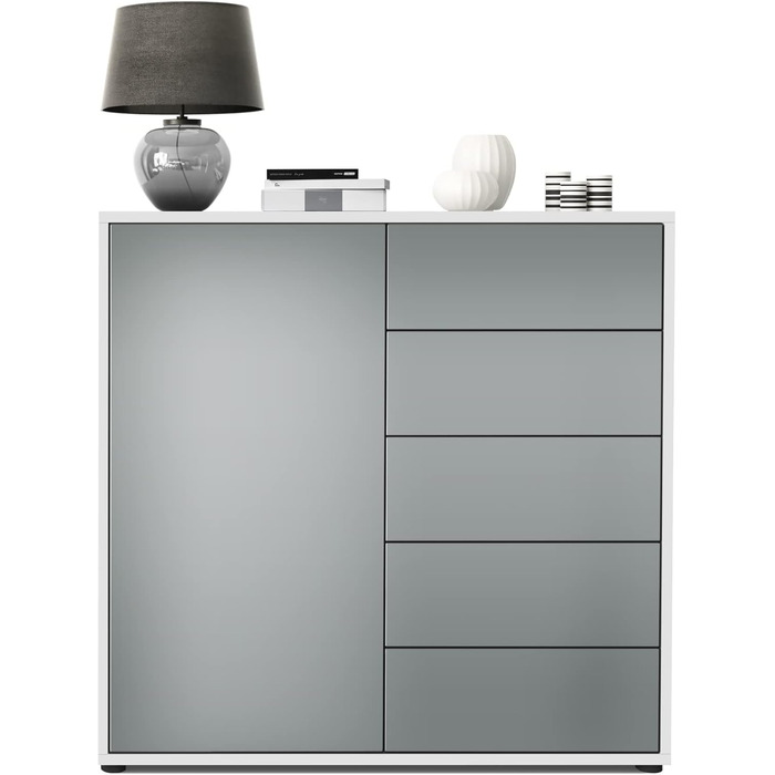 Комод Vladon Ben V2, 79x74x36 см, 1 дверцята, 5 шухляд, білий матовий/авола-антрацит, Німеччина