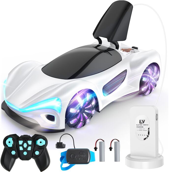 SIMREX RC Автомобіль 360° Дрифт Stunt Авто на радіокеруванні з LED підсвіткою дисків та туманом, 2.4GHz для дітей та дорослих від 6 років, подарунок на день народження, білий
