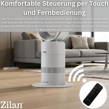 Вентилятор Zilan Turmventilator з пультом дистанційного керування, BLDC мотор, 10 режимів, 900 м³/год, коливання, таймер, сенсорний дисплей