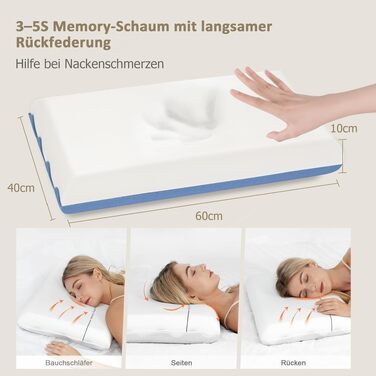 Подушка з піни Memory Foam Winthome з двосторонньою підтримкою (60x40x10 см, блакитна) з OEKO-TEX сертифікатом для сну на спині, боці та животі
