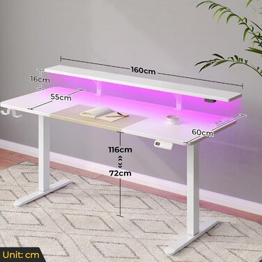 Електричний стіл Rolanstar 160x60 см з регулюванням висоти, LED-підсвіткою, розетками та USB, ергономічний комп'ютерний стіл для геймінгу й офісу