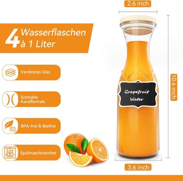Набір скляних караганів FINEW на 1 літр з кришками (4 шт.), товстостінний глечик для води, напоїв та вина, з дерев'яними маркерами для столу