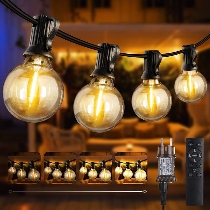 LED гірлянда вулична Joomer 20м, 28 LED G40, тепла біла, з пультом ДК, 3 режими, вологостійка для саду та вечірок