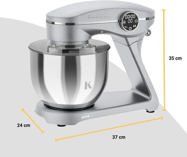 Кухонний комбайн KLAMER 1800W — планетарний міксер для тіста з чашею з нержавіючої сталі 6л, 10 швидкостей, таймером та набором насадок (гак, вінчик, міксер), сріблястий
