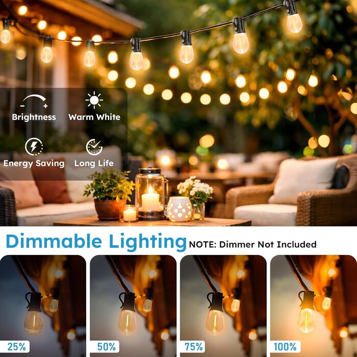 LED гірлянда вулична GvvooHome 60м, водонепроникна, 62 лампи S11, теплий білий 2700K, для тераси, саду, веранди