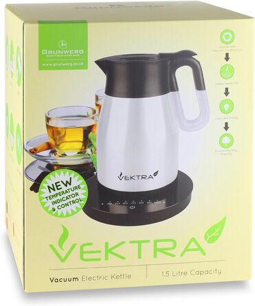 Електрочайник Vektra VEK-1504 з вакуумною ізоляцією, температурним контролем, 1,5 л, нержавіюча сталь, подвійні стінки, термос 2-в-1, BPA-free, металево-чорний, EU-вилка