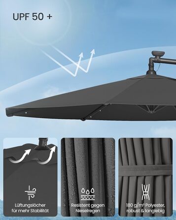 Парасолька SONGMICS з LED-сонячним підсвічуванням, 300 см, 32 LED, з підставкою, сонцезахист UPF 50+, для балкона, тераси, саду, сіра
