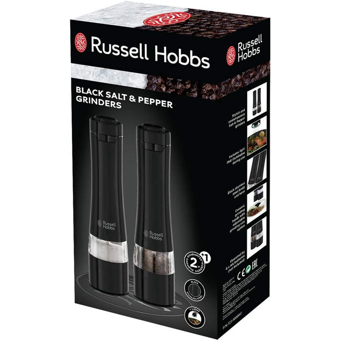 Електричний набір млинків Russell Hobbs для солі та перцю, 2 шт, керамічний механізм, регулювання помолу, LED-підсвічування, чорний, для спецій і трав, модель 28010-56