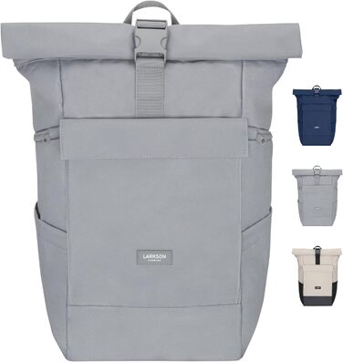 LARKSON рюкзак для жінок і чоловіків No 4 Large, ролтоп 21 л, відділення для 16'' ноутбука, універсальний для навчання, роботи, велосипеда, великий туристичний рюкзак з кріпленням на валізу, чорний-сірий