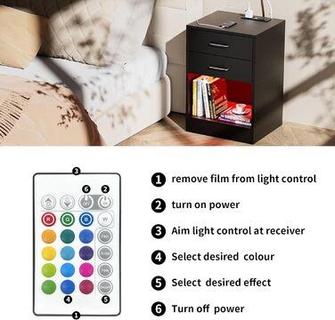 Тумба приліжкова чорна з розеткою та LED-підсвіткою, 2 шухляди, для ліжка-бокспрінг, матова, 40x35x60 см