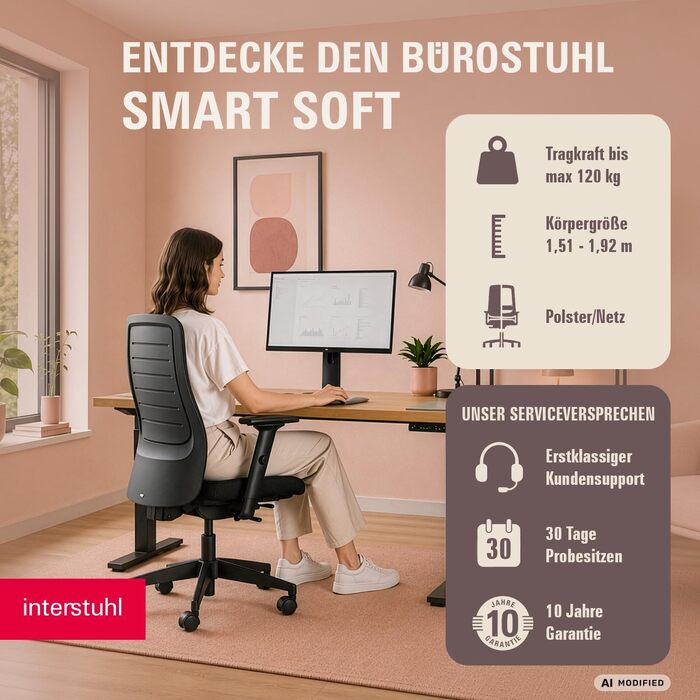 Ергономічне офісне крісло Interstuhl SMART Soft, синхромеханізм, 4D-підлокітники, підтримка попереку, чорне, Made in Germany
