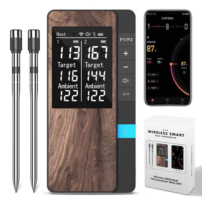 Бездротовий термометр для м'яса Pakinui з двома зондами, Bluetooth, IP67, для гриля, духовки, коптильні