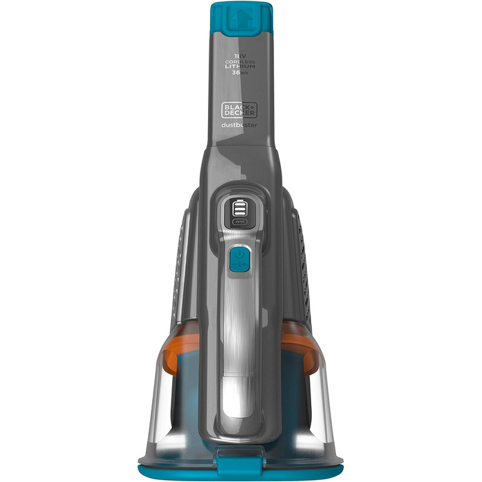 Акумуляторний ручний пилосос BLACK+DECKER Dustbuster Smart Tech 18 В, 36 Вт·год, циклонний, 2 режими, витяжна щілинна насадка, зарядна станція, настінне кріплення, титан/срібло/синій