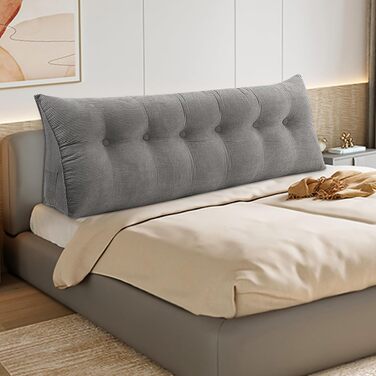 Подушка трикутна для спини OHMG 180x50x20 см, сіра - для ліжка та дивана, з кишенею, знімний чохол