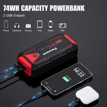 Пусковий пристрій (бустер) Povasee Starthilfe Powerbank 5000A для авто 12V, LCD-дисплей, USB-порти, для бензинових та дизельних двигунів до 10л, червоний