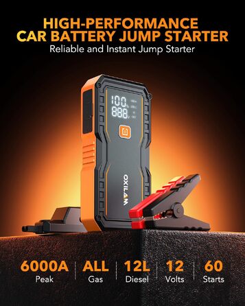 Бустер для автомобіля OXILAM 6000A, портативний пусковий пристрій для акумуляторів 12В, Jump Starter з літієвою батареєю, LED-дисплеєм та ліхтариком, помаранчевий