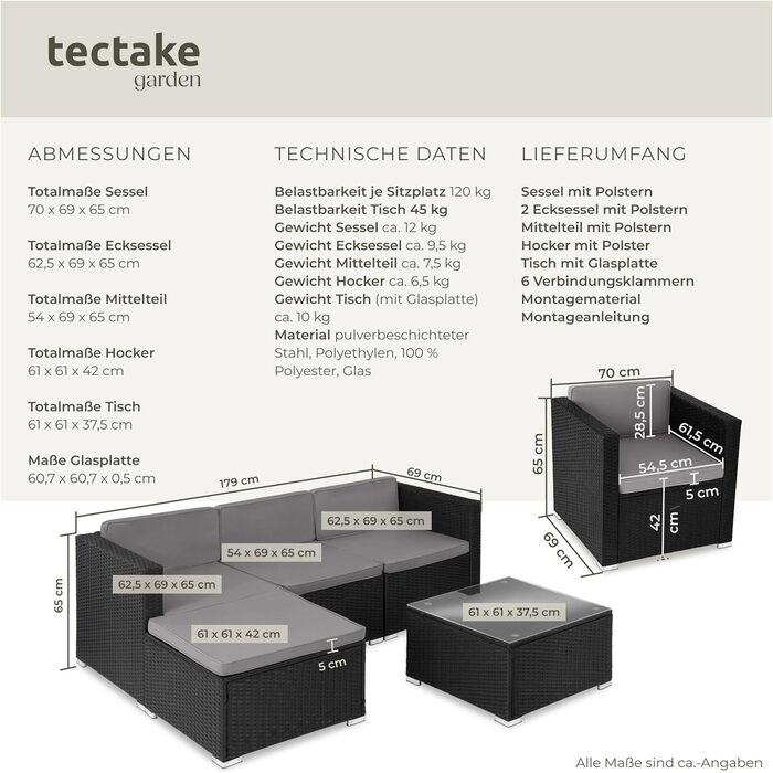 Комплект садових меблів tectake® з поліротанга: диван, крісло, пуф, стіл, чорний, для тераси, балкона та саду, 4-5 осіб, стійкі до погодних умов