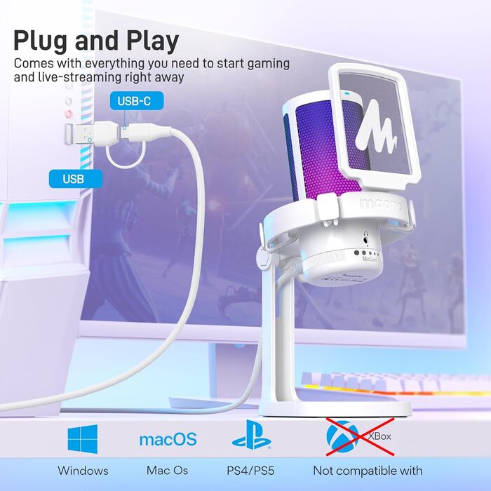MAONO ігровий конденсаторний мікрофон для ПК, шумозаглушення, USB мікрофон для стрімінгу, подкастів, студії, з RGB підсвіткою, для PS5/PS4/Mac, сенсорна кнопка вимкнення звуку, регулятор гучності, білий