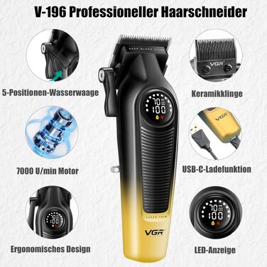 VGR 196 & 996 Професійний набір машинок для стрижки волосся бездротових, з керамічними титановими лезами, LED-дисплеєм, 10 насадками та гребінцем, зелений (золотий)