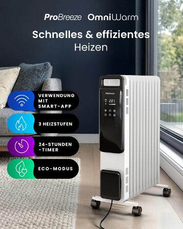 Розумний електричний масляний радіатор Pro Breeze 2500W, 11 секцій, керування через WLAN/App, з термостатом, таймером на 24г та сенсорним дисплеєм, білий