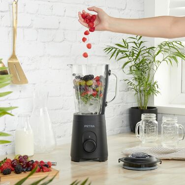 Скляний стаціонарний блендер Petra PT5531MBLKVDE, 1.5 л, BPA Free, 600 Вт, імпульсний режим, 2 швидкості, нержавіюча сталь, безпечна кришка, мірна шкала, для смузі