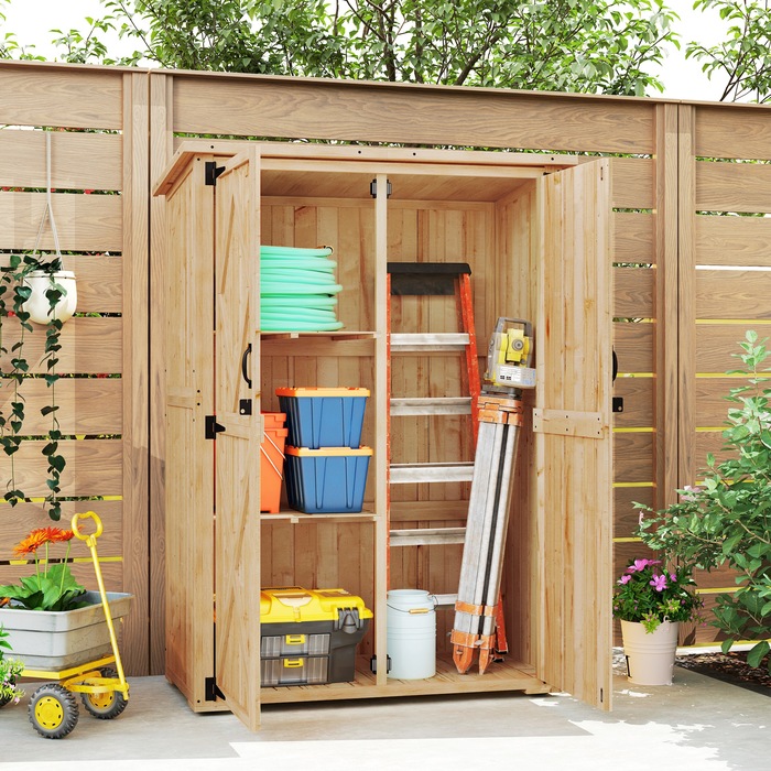 Outsunny Garden Шафа з дерева, Садовий сарай з подвійними дверима з асфальтовим дахом, що замикається, 116,5x57x167см, Атмосферостійка садова шафа, Садовий сарай Садовий сарай для саду, тераси, натуральне дерево