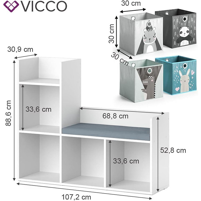 Дитяча книжкова полиця Vicco Luigi біла з 2 коробами, 107.2x88.6 см