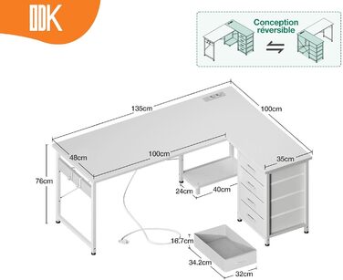 Письмовий стіл ODK білий L-подібний з 4 шухлядами, розетками та USB, кутовий комп'ютерний стіл для домашнього офісу та геймінгу, 135×100 см